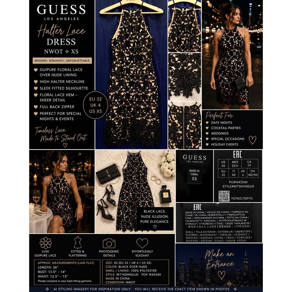 NWOT GUESS XS Black Guipure Lace Nude Illusion Halter Cocktail Dress EU 32